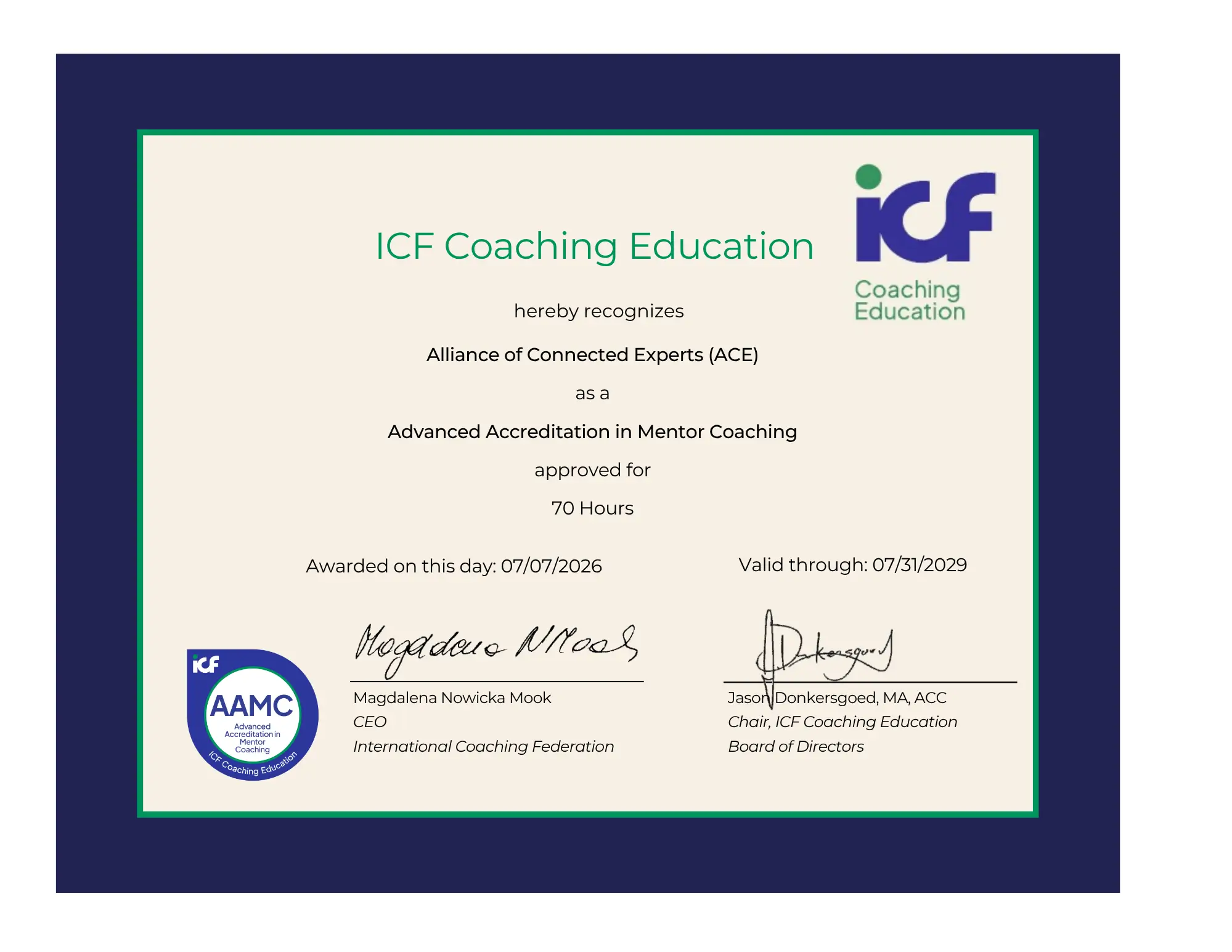ICF AAMC certificate for ACE